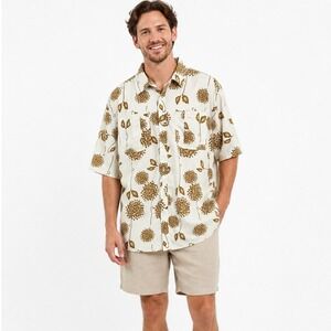 Brixton Men's Cream Brown Floral Button Up Shirt Short Sleeve Retro Resort | XXL